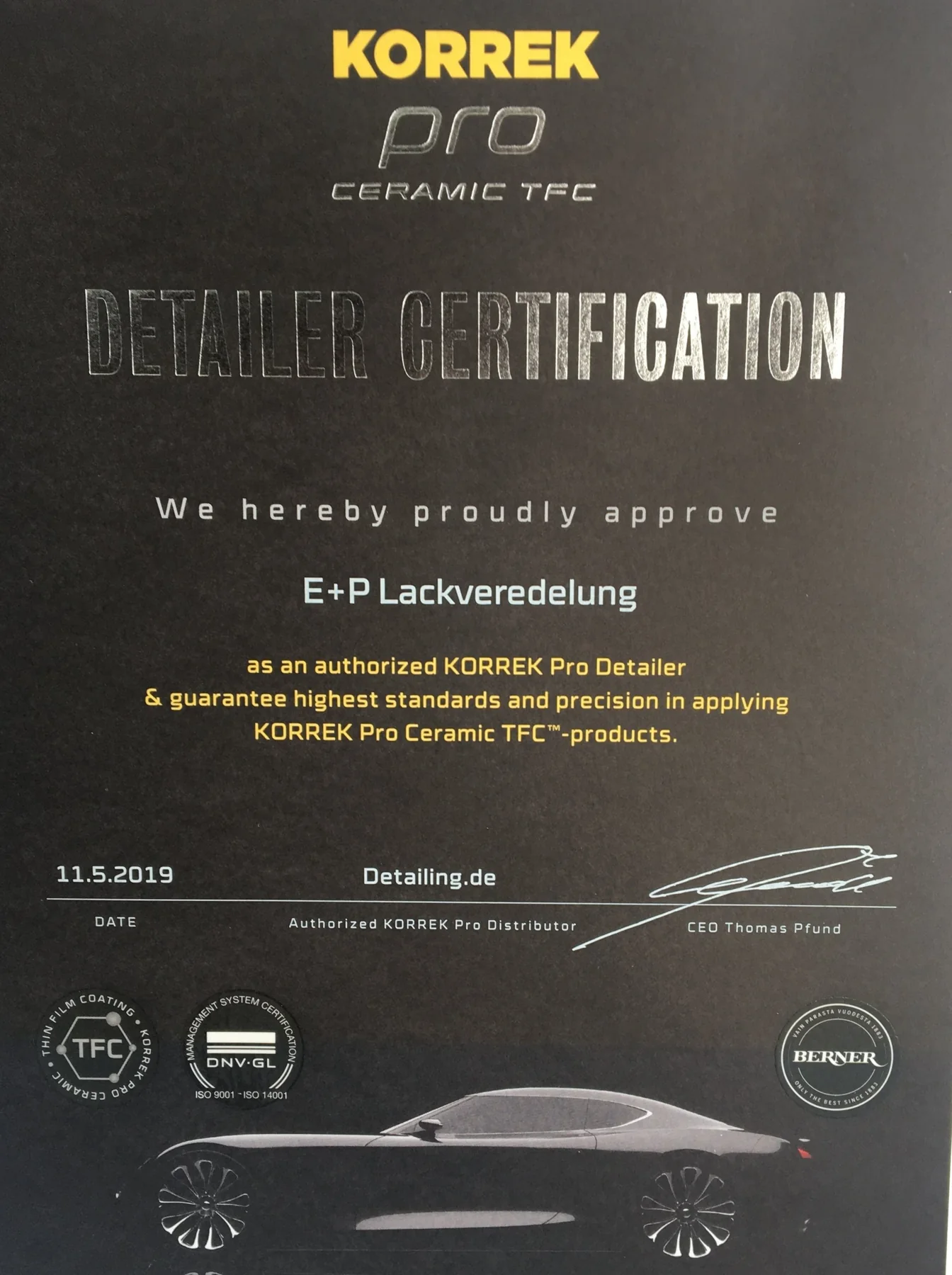 Originalzertifikat: Korrek Pro Detailer E u. P Lackveredelung
